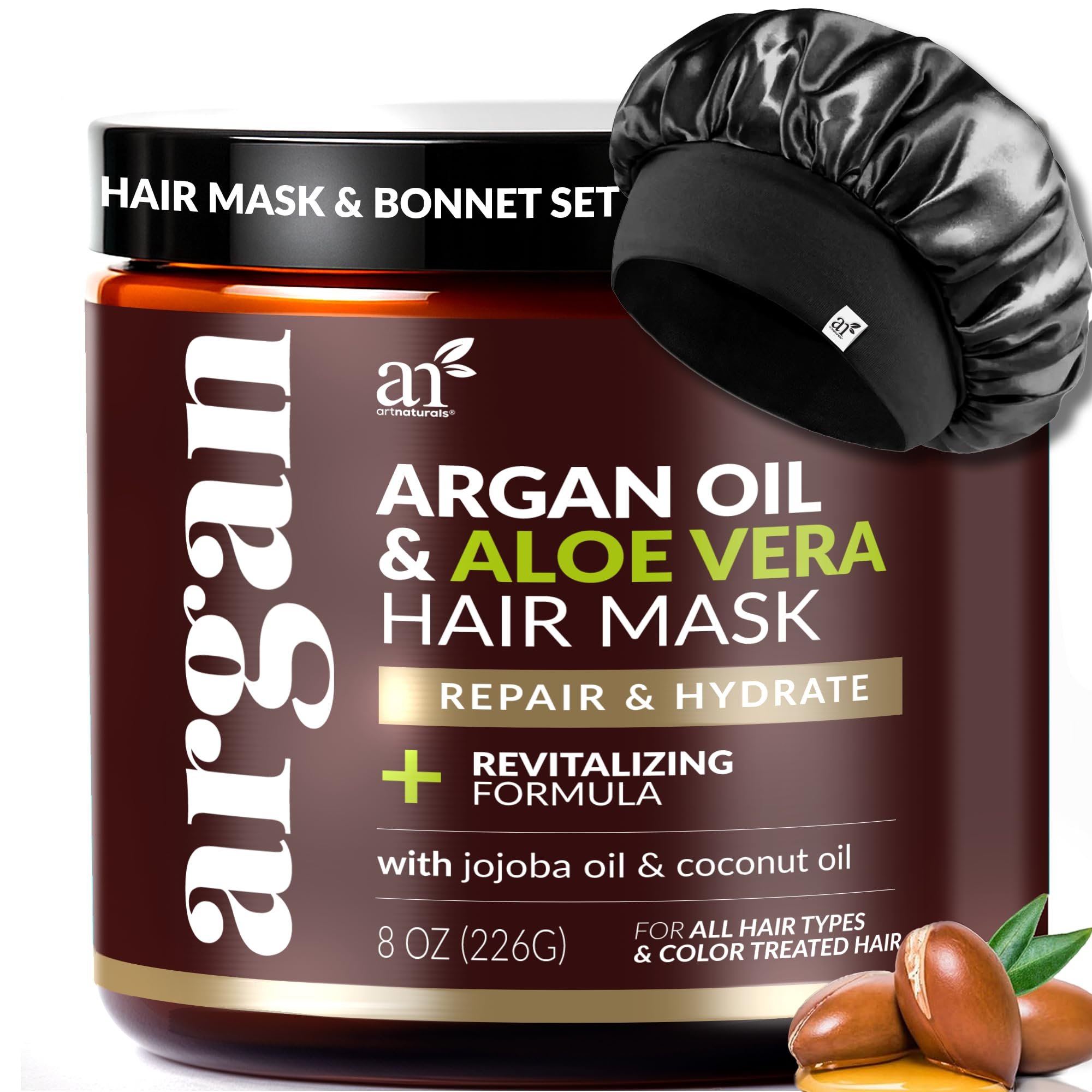 ArtNaturals 2-Step Deep Repair Hair Mask for Damaged Hair - Intensive Treatment for Dry, Damaged & Color-Treated Hair - Argan oil Deep Conditioner w/ Silk Bonnet to Drive Deeper Penetration 8 oz - Product Image