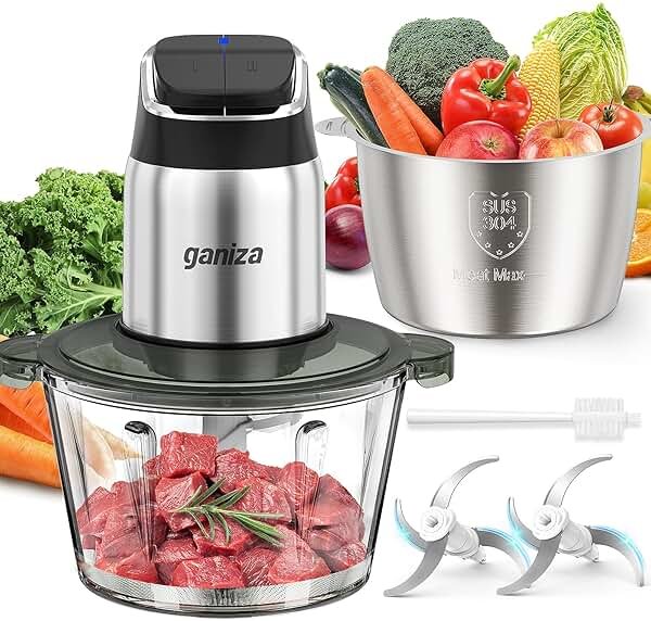 Ganiza Food Processor with Dual Bowls, 2-Speed Food Chopper & Meat Grinder | 8Cup Stainless & 8Cup Glass Bowls, Upgraded Button & Smart Overheat Protection Light - Includes Clean Brush, 2 Sets of Blades - Product Image