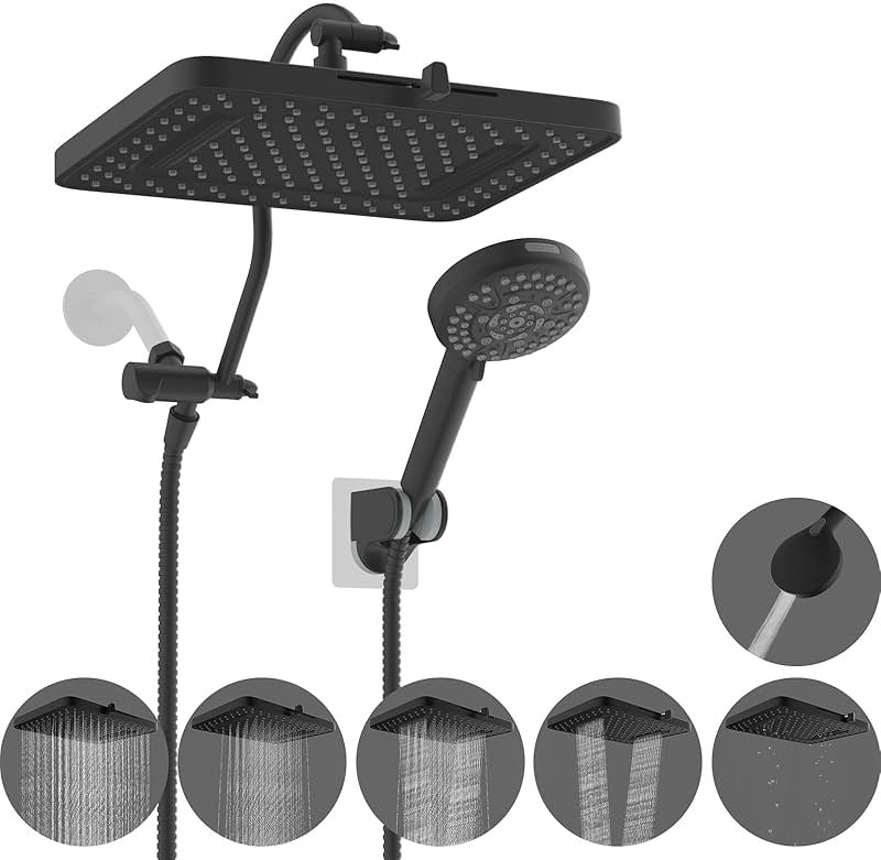 Hibbent cUPC Certified High Pressure 13'' Dual Shower Head Combo with 10-mode Handheld Spray, Rainfall 5-spray Shower Head, 12'' Adjustable Extension Arm, 71'' Hose, Showerhead Holder, Matte Black - Product Image