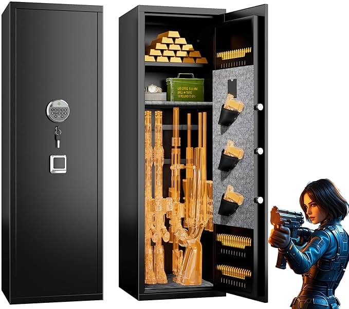 [No Assembly Required]8-12 Fingerprint Gun Safe for Rifles and Pistols,Gun Safes for Rifle and Password Lock, Gun Cabinet for Home with Adjustable Shelves, Biometric Heavy Duty Long Gun Safe,57" High - Product Image