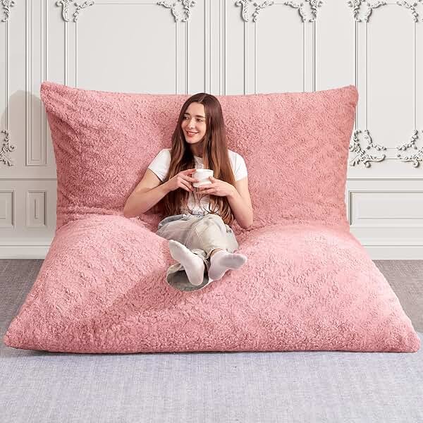 HABUTWAY 4 in 1 Bean Bag Chair, Giant Memory Foam Filling Bean Bag Sofa, Adult Bean Bag Chair, Machine Washable Faux Fur Cover, Bean Bag for Adult (Pink) - Product Image