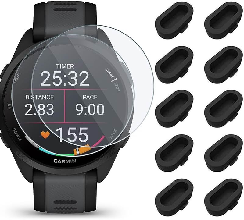 Miimall 2+10 Pack Compatible with Garmin Forerunner 165 Screen Protector, Anti Dust Plug Silicone Charger Port Protector + Hardness Tempered Glass Screen Protector for Forerunner 165/165 Music - Product Image