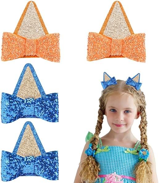 Dog Ears Hair Clips for Girls & Women - 2 Pairs Sequin Bow Hair Clips - Halloween Ears - Blue Birthday Party Decorations - Product Image