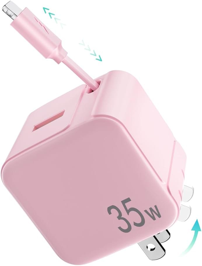 UPONSZ Retractable Wall Charger Block for iPhone, 35W PD Fast Charger with Retractable Lightening Cable and USB Port, Portable Charger Adapter with Foldable Plug for iPhone14/13/12,iPad (Pink) - Product Image