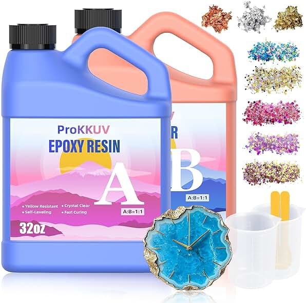 ProKKUV Epoxy Resin Kit, 64OZ Kit Crystal Clear Resin Epoxy, Bubble Free, No Yellowing, UV Resistant, Food Safe, Easy Mix 1:1 for DIY Crafts Jewelry Making(32OZ x 2) - Product Image