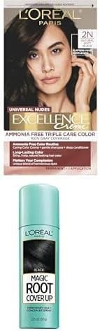 L’Oréal Paris Excellence Universal Nudes Permanent Hair Color, Ammonia Free for Gray Hair Coverage, 2N Natural Soft Black, 1 Hair Dye Kit + Magic Root Cover Up Gray Concealer Spray Black 2 oz. - Product Image
