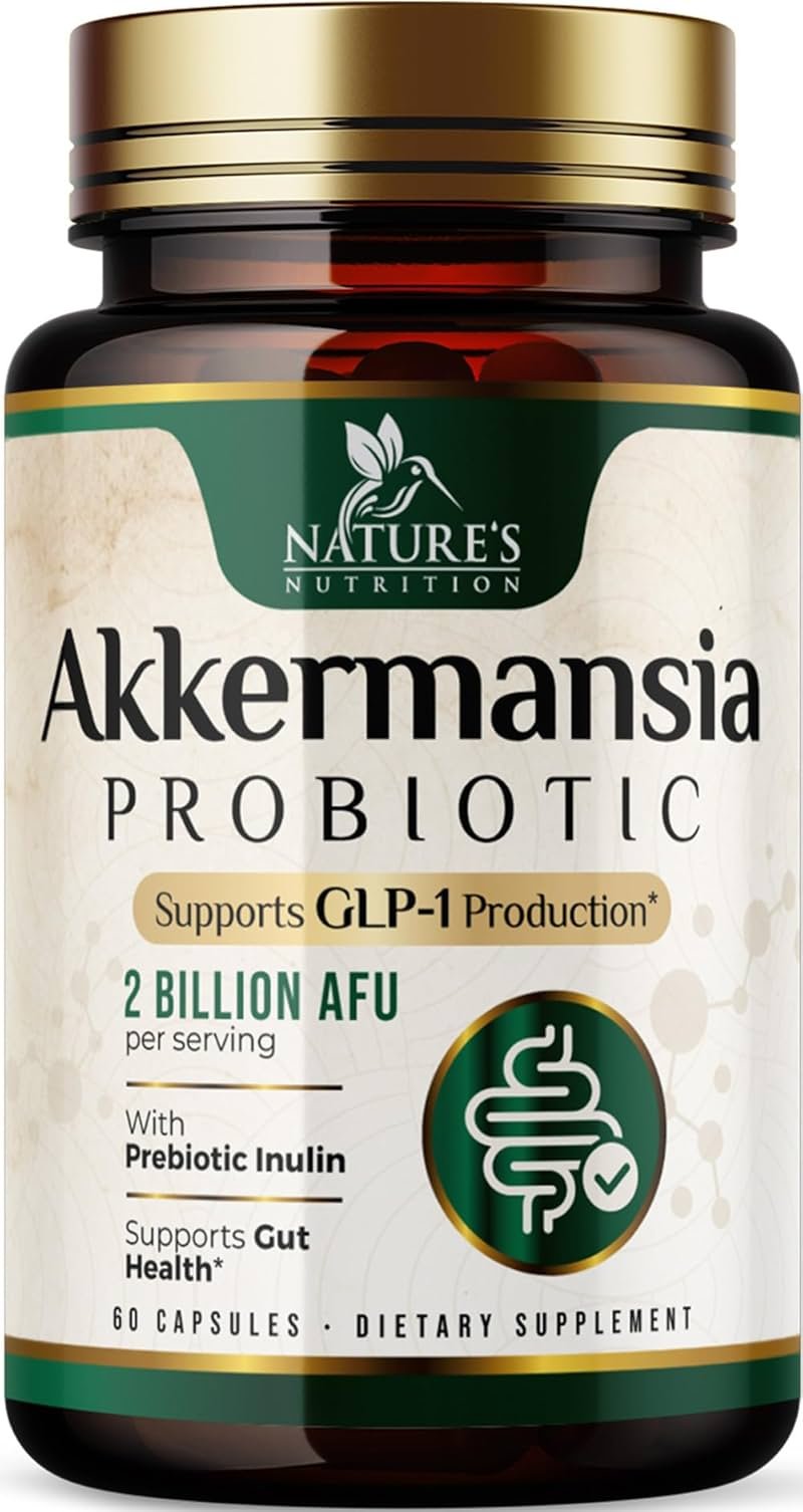 Akkermansia Gut Health Supplement - Premium Akkermansia Probiotic With Prebiotic Fiber - Akkermansia Muciniphila 2 Billion AFU Per Serving - GLP-1 Support for Women & Men, Bottled USA - 60 Capsules - Product Image