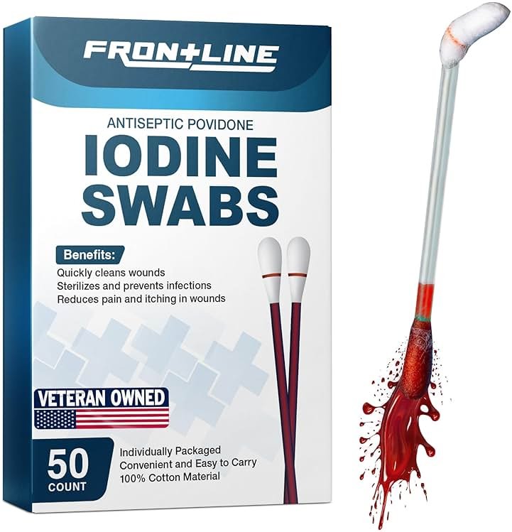 FrontLine Povidone Iodine Swabs, 10% More Iodine Antiseptic Solution, Cotton Swabsticks for Wound Care, Nasal Cleansing, First Aid & Medical Supplies, Individually Wrapped Box of 50 - Product Image