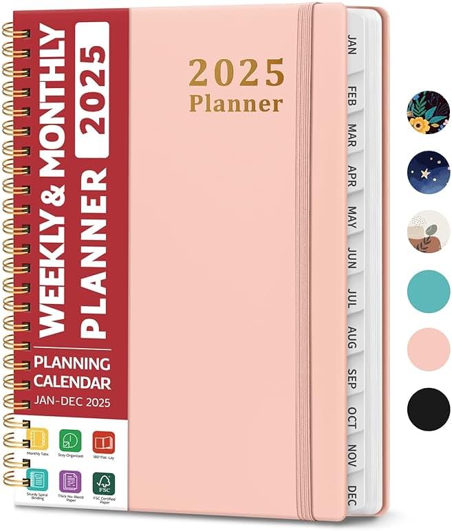 2025 Planner - Weekly and Monthly Planner Spiral Bound, January 2025 - December 2025, Hardcover 2025 Calendar Planner Book with Tabs, Inner Pocket, Perfect for Office Home School Supplies - A5 (6.3" x 8.5"), Pink - Product Image