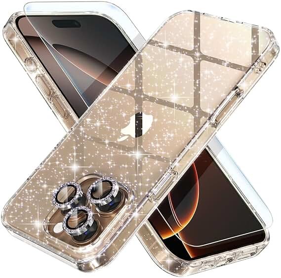 Choiche Compatible for iPhone 16 Pro Max Case Women Phone Case, Cute Bling Sparkly, Military Grade Protection, 3 Diamond Camera Lens Covers, 2 Tempered Glass Protectors, 6.9 inch (Glitter Clear) - Product Image