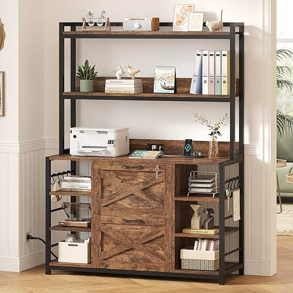 SEDETA File Cabinet, Filing Cabinet fits Legal/Letter/A4 Size, 2 Drawer Filing Cabinets for Home Office with Lock, Power Strip and Open Storage Shelves, Rustic Brown - Product Image