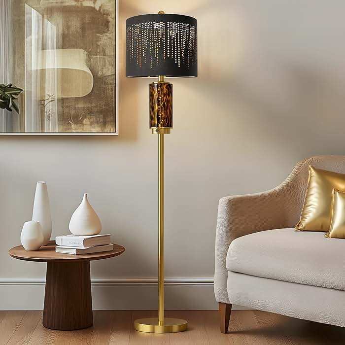 Oneach 63.75" Floor Lamp for Living Room, Modern Gold Lamp with LED Leopard Glass Night Light, Vintage Standing Lamp, Black Lampshade, Unique Luxury Tall Lamp for Bedroom Home Office(Bulb Included) - Product Image