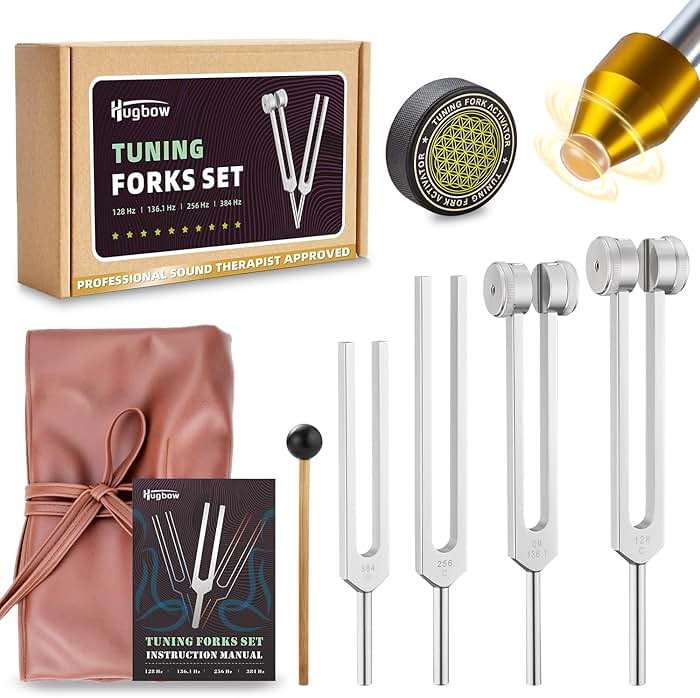 Hugbow Tuning Forks for Healing, Aluminum Alloy Tuning Fork 128Hz, 136.1Hz, 256Hz, 384Hz, Hockey Puck Activator & feet, Weighted & Unweighted Tuning Fork Set with Vegan Leather Pouch - Product Image