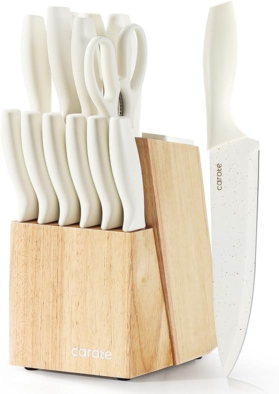 CAROTE 15Piece Knife Set, Kitchen Knife Block Set, Elegant White Ceramic-Coated Blades with Stylish Wooden Block for Modern Culinary Excellence - Product Image