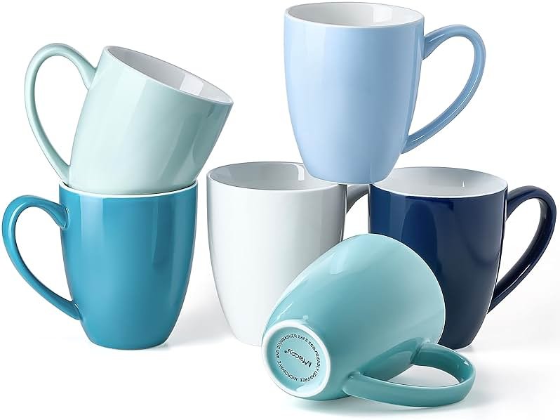 Porcelain Coffee Mugs Set of 6, 13 Ounce Coffee Cups with Handle, Ceramic Tea Mugs for Latte, Hot Tea, Cappuccino, Mocha, Cocoa, Blue Assorted Colors Mug Gift Set, Dishwasher and Microwave Safe - Product Image