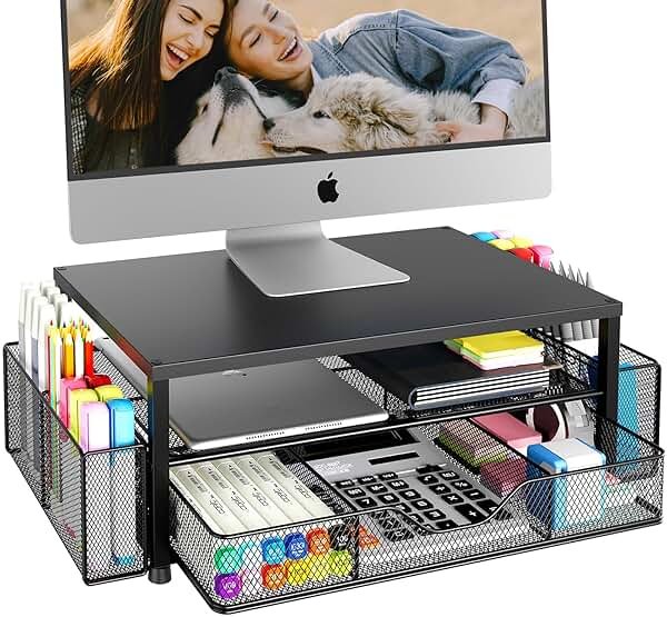 OPNICE Desk Organizer and Accessories, 2-Tier Computer Monitor Stand Riser with Drawer and 2 Pen Holders, Laptop Stand, Office Desk Accessories for Office Supplies, Black - Product Image