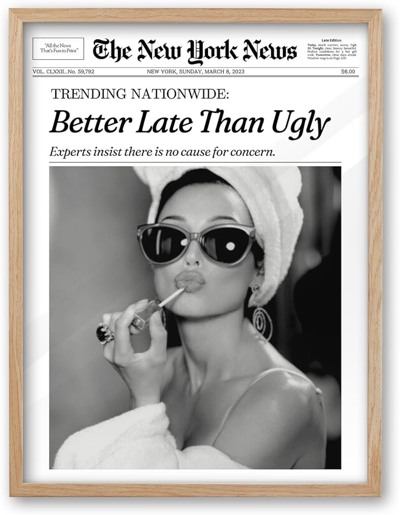 iHery Natural OAK Wood Audrey Hepburn Newspaper Trendy Framed Wall Art, 12x16 in Vintage Headline Canvas Bedroom Wall Decor, Better Late Than Ugly,Bathroom Artwork Apartment Girly Dorm Room 1Pack - Product Image