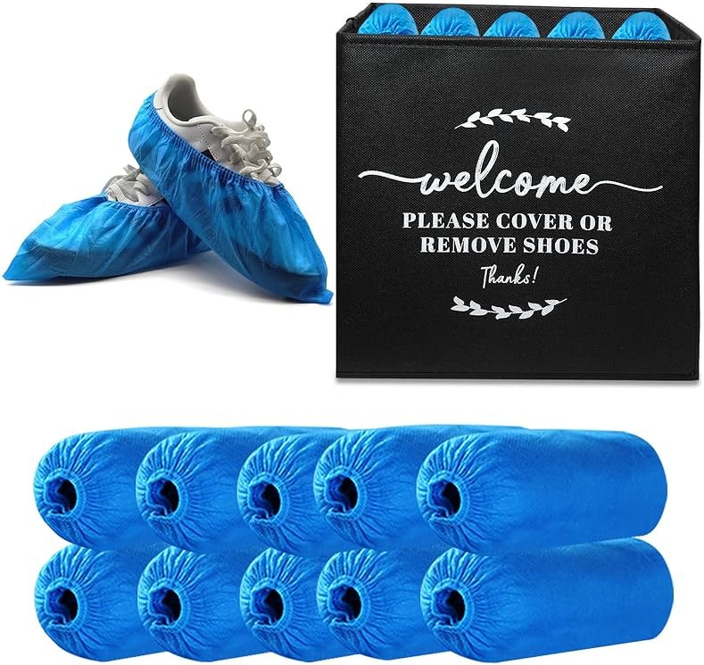 Cheelyvin.H Blue Disposable Shoe Booties Covers Non Slip with Fabric Storage Box, Waterproof Shoe Protector Cover for Indoors Reusable (100) - Product Image