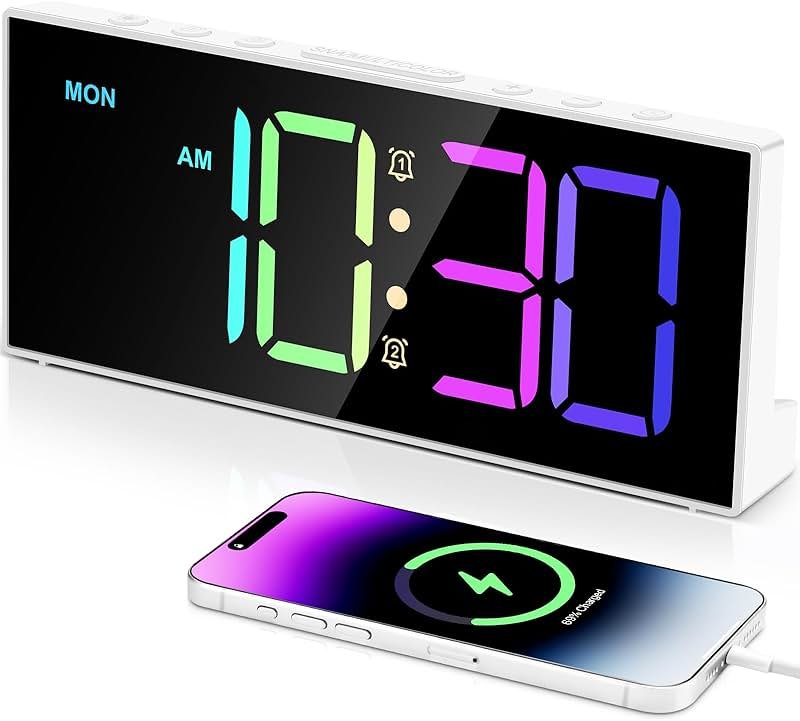Alarm Clock with Large Display Big Numbers,5 Levels Brightness，Snooze,USB Charging Port,LED and Mirror Desk Clock,Dual Alarms Modern Electronic Clock for Bedroom Home Living Room Office. (White) - Product Image