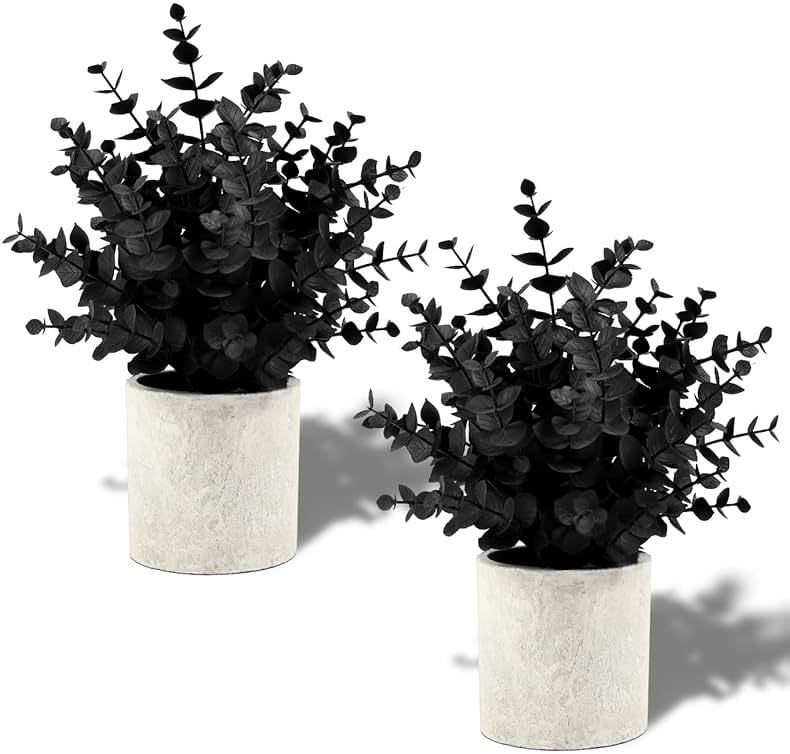 Coferset 2 Pack Black Fake Eucalyptus Small Fake Plants Potted Artificial Plants for Halloween Shelf Desk Home Farmhouse Room Coffee Table Decor Bathroom Decor (Black) - Product Image