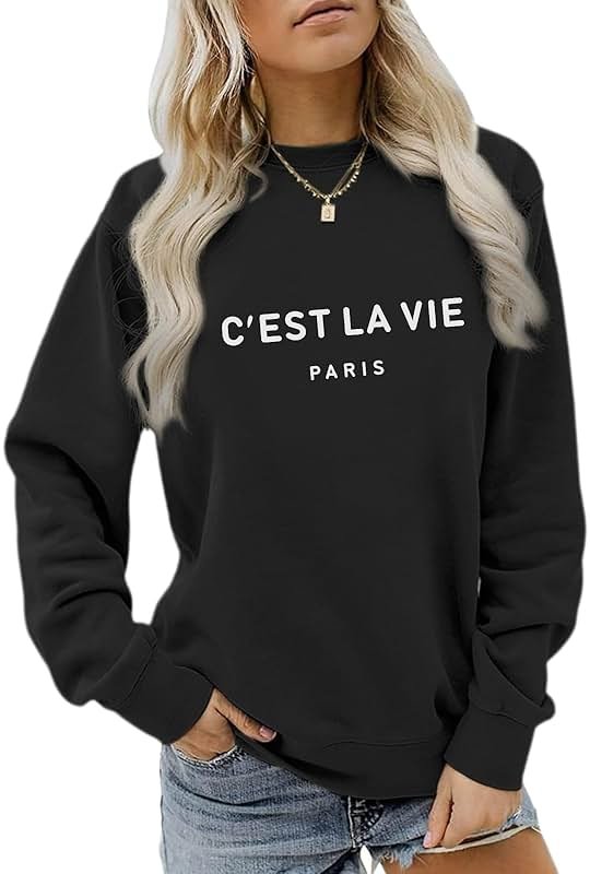 Lytiarul C'est La Vie Paris Sweatshirt For Women Oversized Graphic Crewneck Hoodie Casual Long Sleeve Shirt Pullover Tops - Product Image