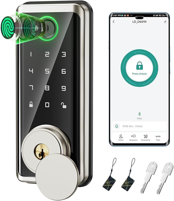 Sophia Keyless Entry Door Lock, Smart Auto Locks for Front Door & Key Fobs & Remote Control, Keypad Deadbolt Digital, Fingerprint Door Lock with Code, Cerraduras Inteligentes, IP68, Satin Nickel - Product Image