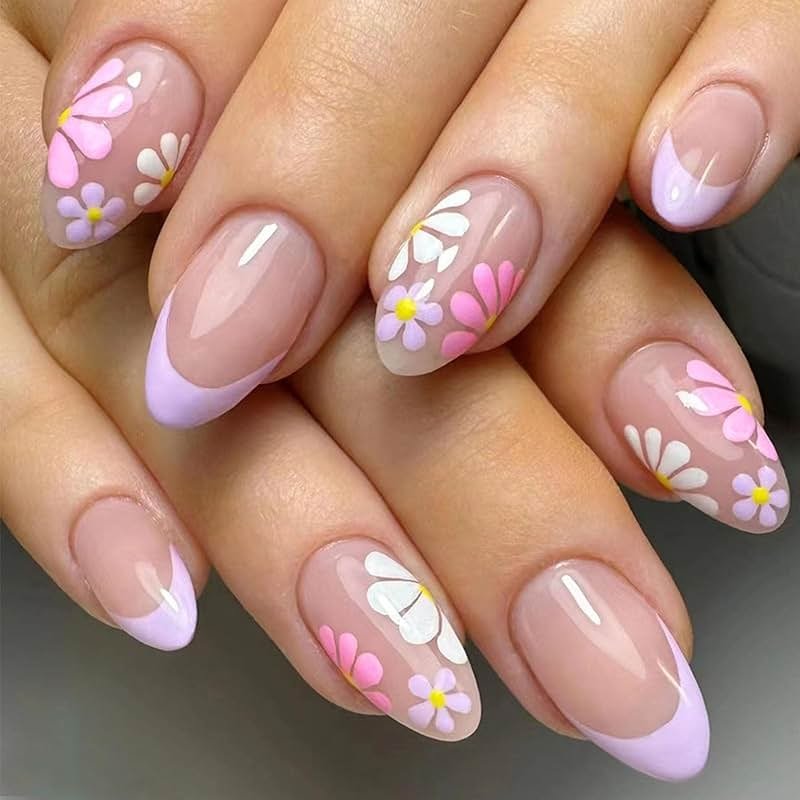 Flower Press On Nails - Short Almond French Tip Colorful Flowers Acrylic Nude Pink Full Cover Glue On Floral False Nails for Women Girls - 24 Pcs - Product Image