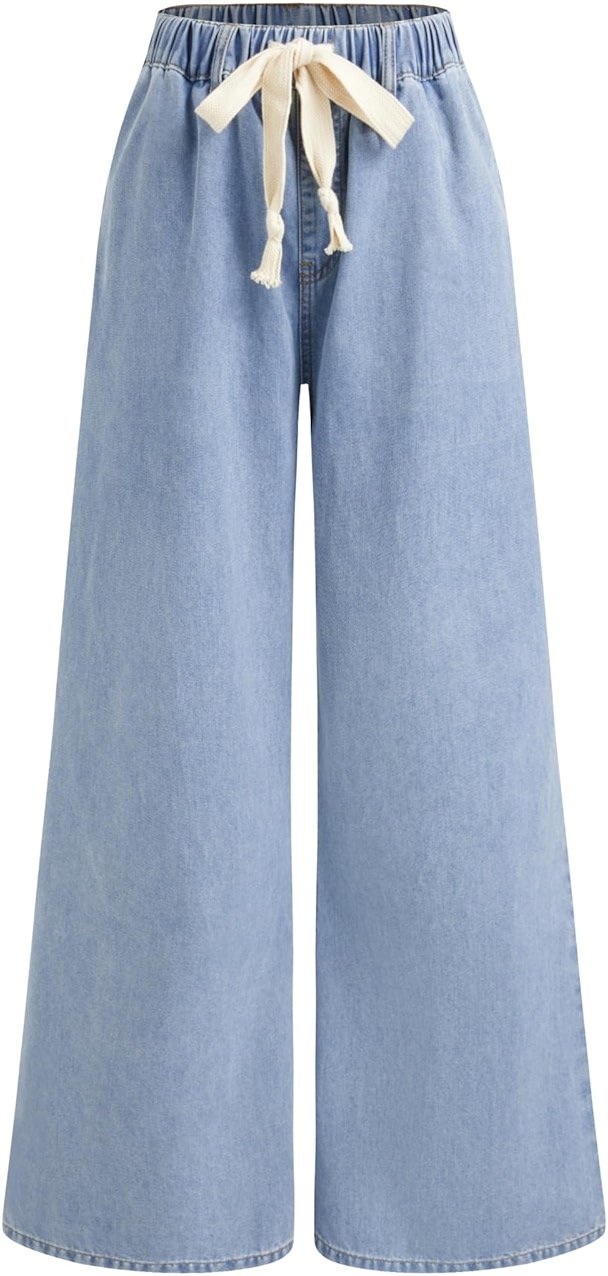 CIDER Drawstring Baggy Wide Leg Jeans for Women High Waisted Pull On Jeans Denim Pants with Pockets - Product Image
