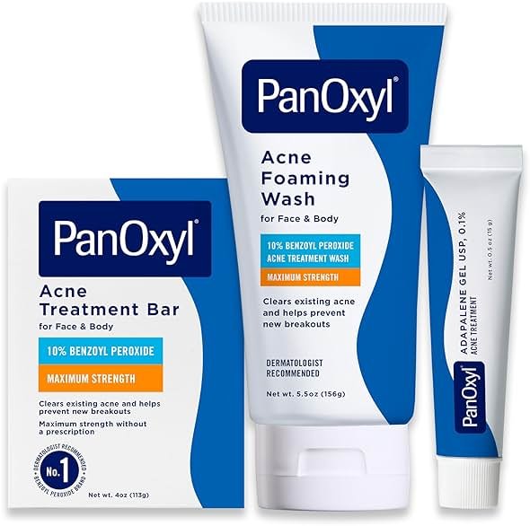 PanOxyl Face and Body Bundle - Acne Foaming Wash Benzoyl Peroxide 10%, Acne Treatment Bar with 10% Benzoyl Peroxide & Adapalene 0.1% Leave-On Gel - Product Image