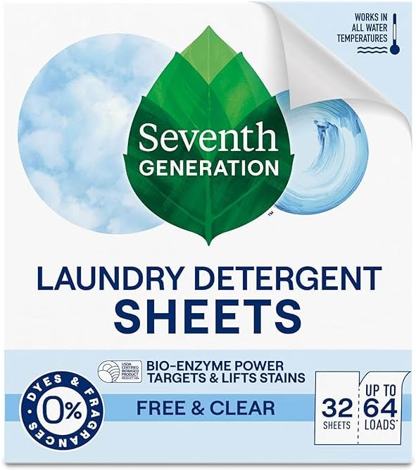 Seventh Generation Laundry Detergent Sheets 32ct Free & Clear Removes Tough Stains Safer for your family - Product Image