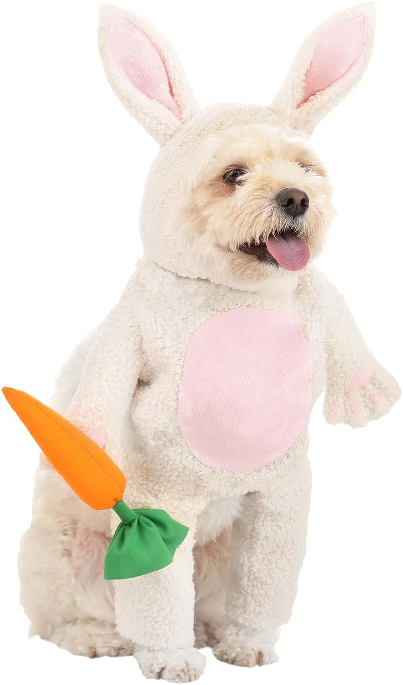 Fun Costumes Easter Bunny Dog Costume | Plush Rabbit Bodysuit & Headpiece | Pet Outfit with Carrot Accessory - Small, White, Pink, Orange - Product Image