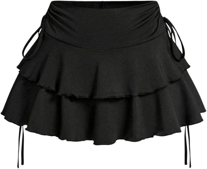RoseSeek Women's Drawstring Bow Side Mini Skirts Tiered Layer Ruffle Elastic Waist Y2K Coquette Short Skirts - Product Image