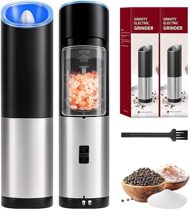 Simple Deluxe Stainless Steel Gravity Electric Salt & Pepper Grinder Set, Battery Powered with Blue LED Light, Adjustable Coarseness, One Hand Automatic Operation, Silver - Product Image