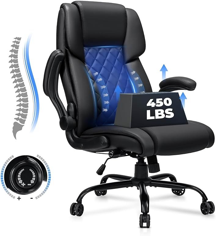 Big and Tall Office Chair 450lbs Heavy Duty Ergonomic Executive Desk Chair with Adjustable Lumbar Support High Back Home Computer Leather Chair with Padded Flip-up Arms for Heavy People Black - Product Image