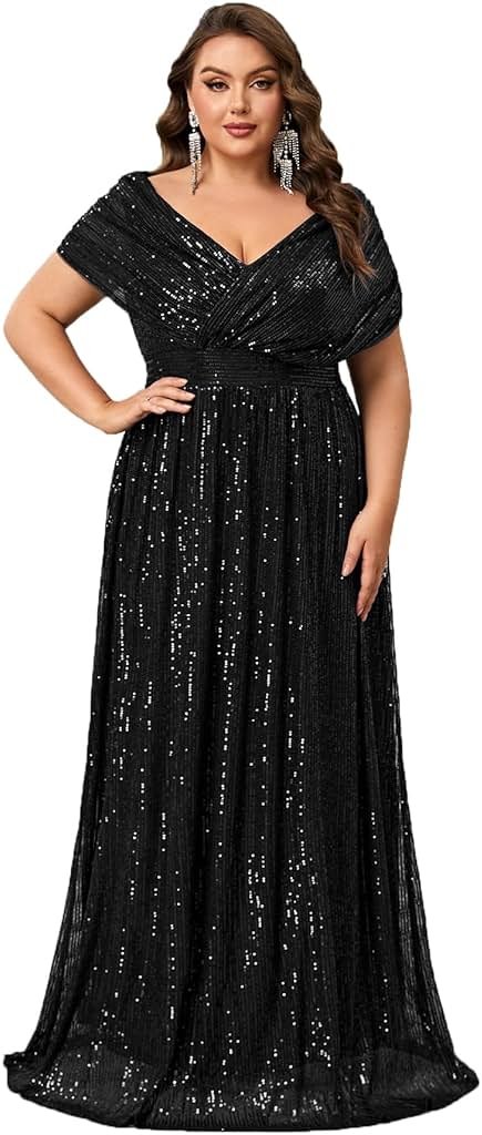 Giffniseti Women's Plus Size V Neck Sequin Formal Maxi Dress A-Line Prom Evening Party Gowns - Product Image