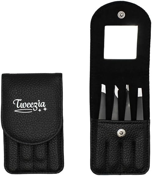 TWEEZIA Stainless Steel Tweezer Set - 4 Precision Tweezers with Mirror & Leather Case - Ideal Eyebrow Kit, Ingrown Hair Tweezers, Splinter Removal Kit or Pointed Tweezers for Beauty and Personal Care - Product Image