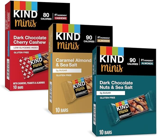 KIND Mini Snack Bars Variety Pack, Gluten Free, Low Sugar, Low Calorie Snacks, Dark Chocolate Nuts & Sea Salt, Caramel Almond & Sea Salt, Dark Chocolate Cherry Cashew, 30 Count - Product Image