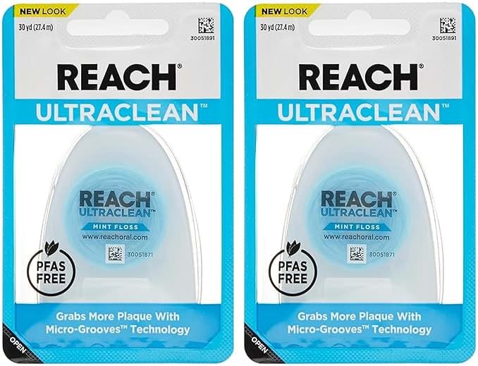 Reach Listerine Ultraclean Dental Floss, Plaque Remover, Shred Resistant, Waxed, Gentle on Gums & Teeth, Mint, PFAS-Free, Fresh Breath, Oral Care, for Adults & Kids, 30 yds - Pack of 2 - Product Image