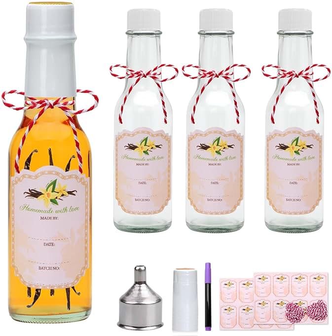 Hot Sauce Bottles 5 oz, Clear Woozy With Shrink Capsules, Small Wine Making With Lids for Bottling, Empty 5oz Glass Vanilla Extract With White Caps Set of 4 - Product Image