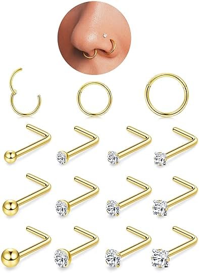 18G Nose Rings Hoops and 20G Nose Studs for Women Men Hypoallergenic 316L Surgical Stainless Steel Clicker Hinged Segment Nose Rings Hoops Ball CZ L-Shape Nose Studs Nostril Piercing Jewelry - Product Image