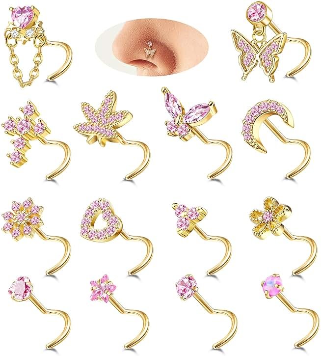Drperfect Gold Silver Nose Rings Nose Studs for Women Nose Piercings 20G L Shaped Corkscrew Dangle Nose Rings Studs Simulated Diamond Pink CZ Opal Dangling Dangly Hanging Nose Piercing Jewelry with Heart Star Butterfly Flower Cross Moon Charm Cute Dainty Nose Jewelry - Product Image