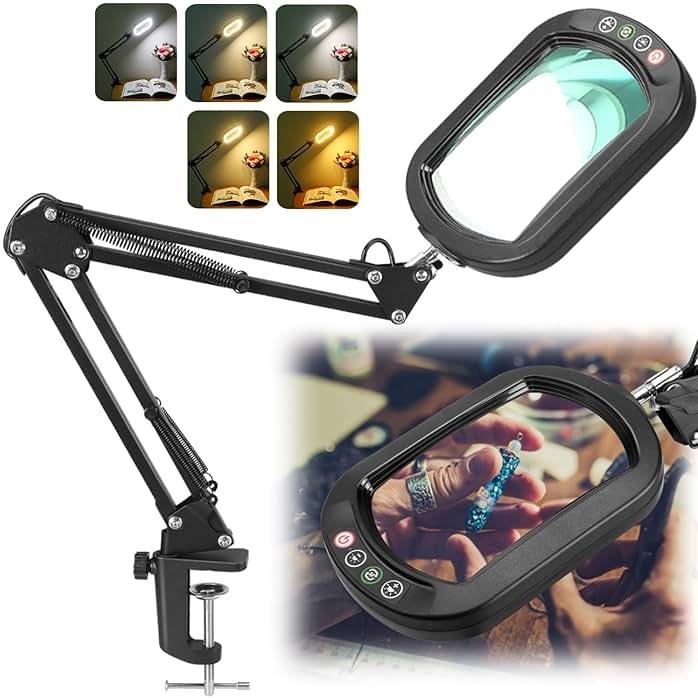 IVMAIE 12X Magnifying Glass with Light, Rectangle Real Glass, 5 Color Modes Stepless Dimmable Magnifier with Stand, LED Lighted Clamp Desk Lamp with Swing Arm, Hands Free for Reading Crafts Close Work - Product Image