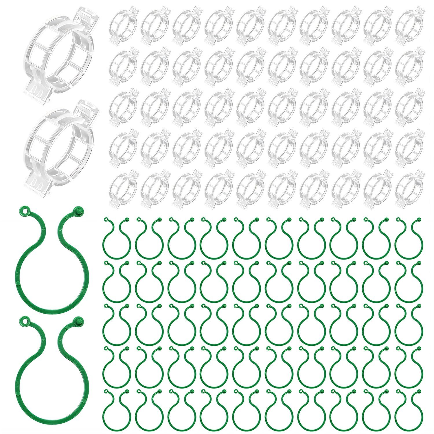 QHYCWIN 200 Pcs Plant Support Clips, 2 Types in 1 Pack, Plastic Garden Clips for Tomato, Grape, Cucumber, Vine Plants, Reusable Plant Clips for Climbing Plants (Green White) - Product Image