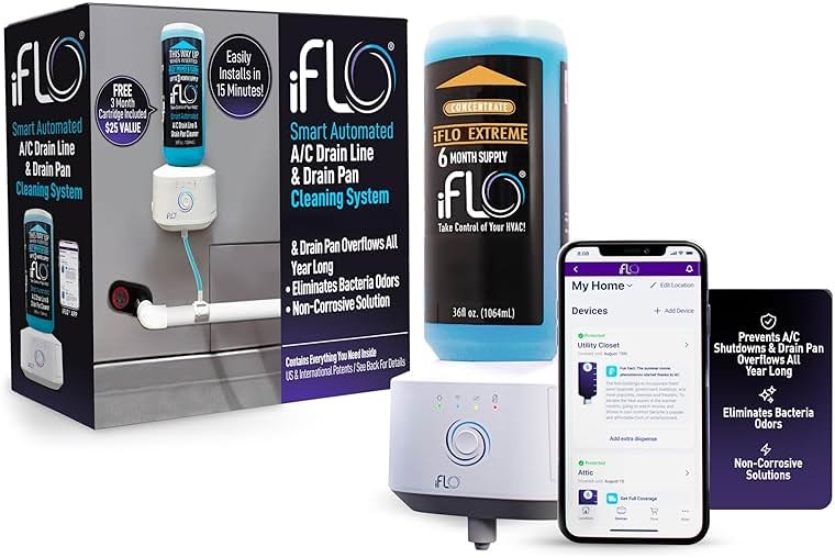 iFLO® Smart A/C Drain Line and Drain Pan Cleaner for HVAC System, Clog-Free, Easy Installation & App-Controlled Air Conditioner Maintenance, Includes 36oz Cleaner Cartridge Concentrate, 6 Month Supply - Product Image