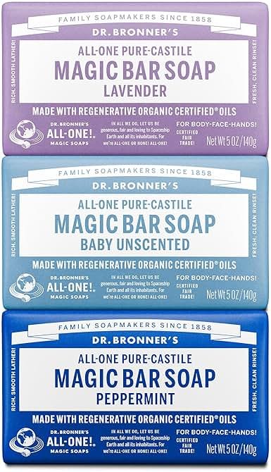 Dr. Bronner's Pure-Castile Magic Bar Soap- Made with Regenerative Organic Certified Oils- For Face, Body, Hair, Vegan Soap Bars for Men & Women- Variety 3-Pack, Peppermint Lavender, Unscented - Product Image