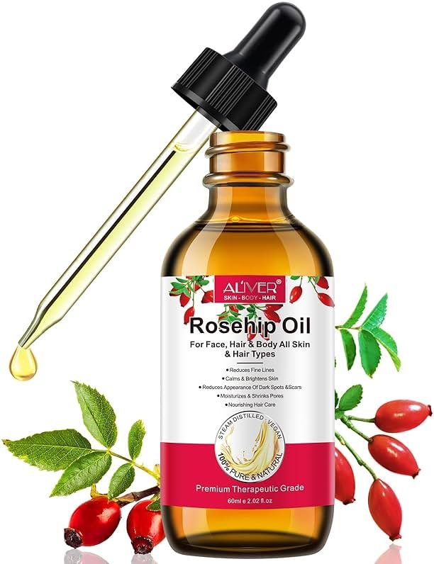 Onznoz Rosehip Oil for Face, Rose Hip Oil Organic Rosehip Seed Oil 100% Pure Cold Pressed for Anti-Aging, Nourishing Hair Care, Face & Skin (2.02 Fl Oz) - Product Image