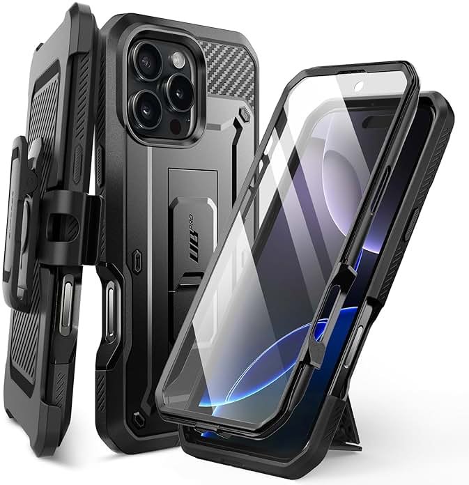 SUPCASE for iPhone 16 Pro Max Case with Screen Protector (Unicorn Beetle Pro), [Built-in Stand & Belt-Clip] [Military-Grade Protection] Full Body Heavy Duty Phone Case, Black - Product Image