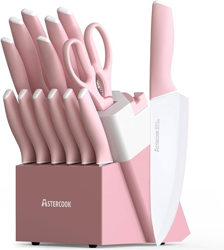 Astercook Knife Set, Kitchen Knives Set with Block and Sharpener 15 Pcs German Stainless Steel Knives Sharp Blade Dishwasher Safe Deba Knives with Ergonomic Handle, Crystal Pink - Product Image