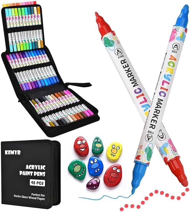 KEMYR 48 Colors Acrylic Paint Pens, Dual Tip Acrylic Paint Markers for Paper, Wood, Canvas, Stone, Rock Painting, Glass, Fabric, DIY, Ceramic, Art Supplies for Adults Drawing (Dot + Fine) - Product Image
