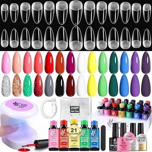 LAVENDER VIOLETS Gel Nail Kit 240 Pcs Short Almond Nail Tips Extension, 21 Gel Colors with Portable U V Light, Nail Glue Base/Glossy/Matte Top Coat for Women Girls VC17 - Product Image